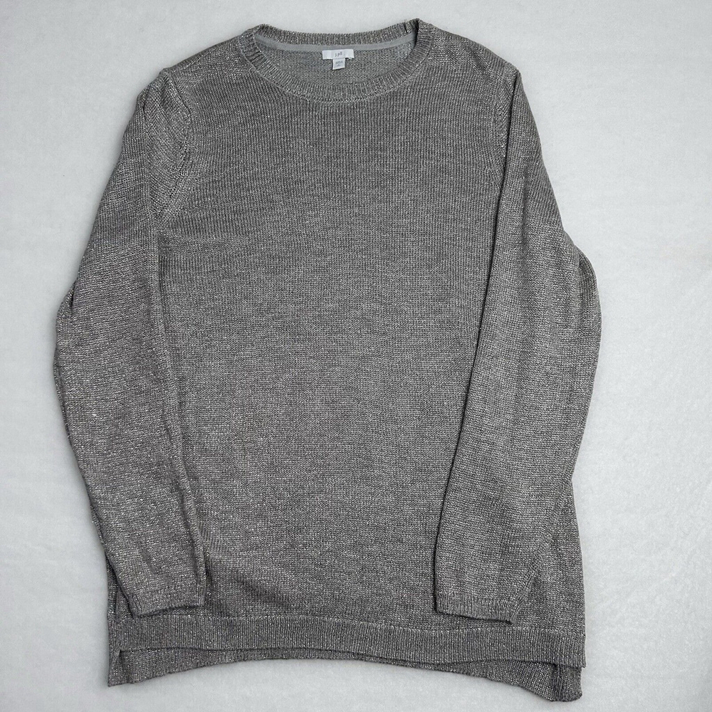 J Jill Sz.L Tall Grey Gold Threaded Shimmer Metallic Crewneck Holiday Sweater